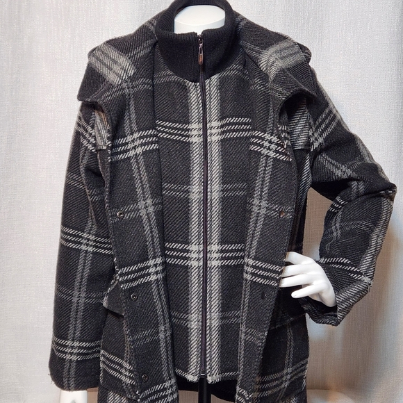 Fleet Street Wool Blend Plaid Hooded Coat Large Black and White Zippered Snaps - Picture 8 of 14